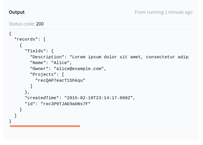 Results from a search via the Airtable API